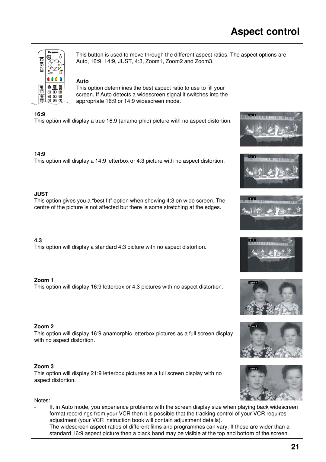 Panasonic TX-86PW300A, TX-76PW300A operating instructions Aspect control, Auto, 149, Just, Zoom 