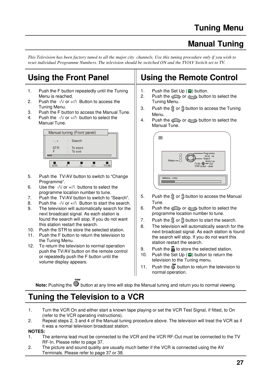 Panasonic TX-86PW300A, TX-76PW300A operating instructions Tuning Menu Manual Tuning, Tuning the Television to a VCR 