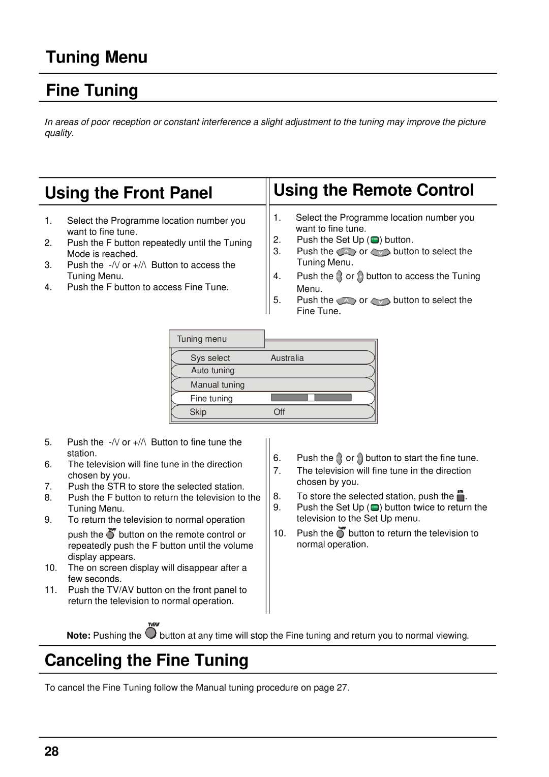 Panasonic TX-76PW300A, TX-86PW300A operating instructions Tuning Menu Fine Tuning, Canceling the Fine Tuning 