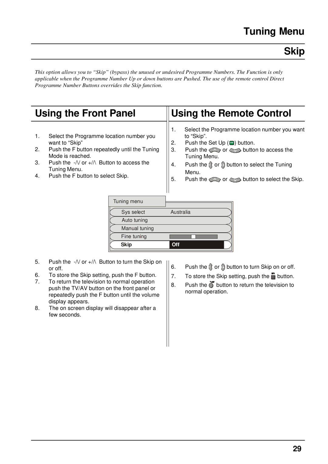 Panasonic TX-86PW300A, TX-76PW300A operating instructions Tuning Menu Skip 