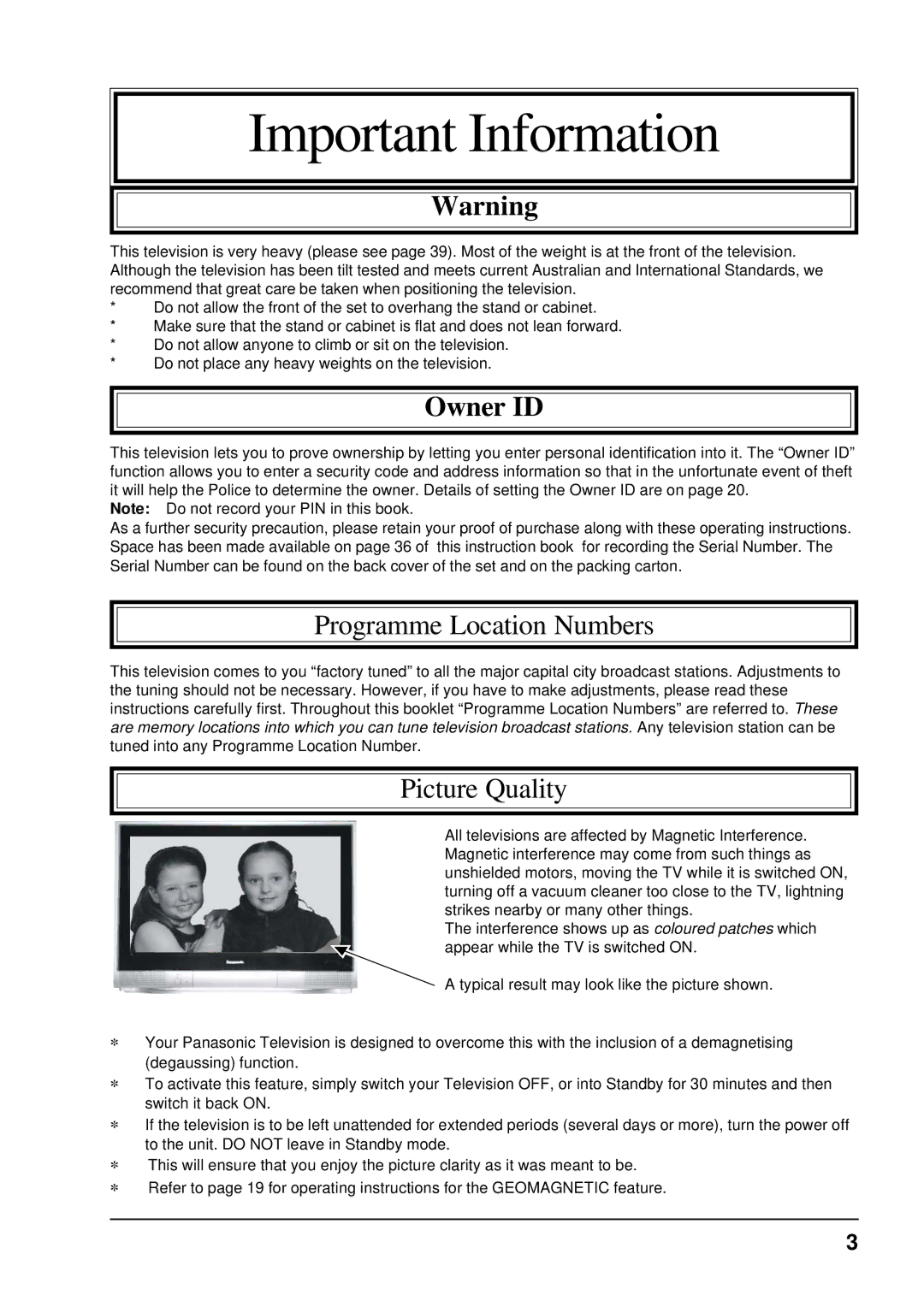 Panasonic TX-86PW300A, TX-76PW300A operating instructions Important Information 