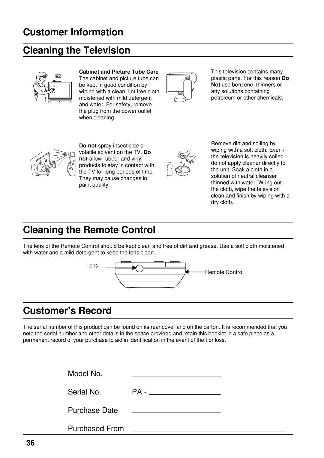 Panasonic TX-76PW300A Customer Information Cleaning the Television, Cleaning the Remote Control, Customer’s Record 