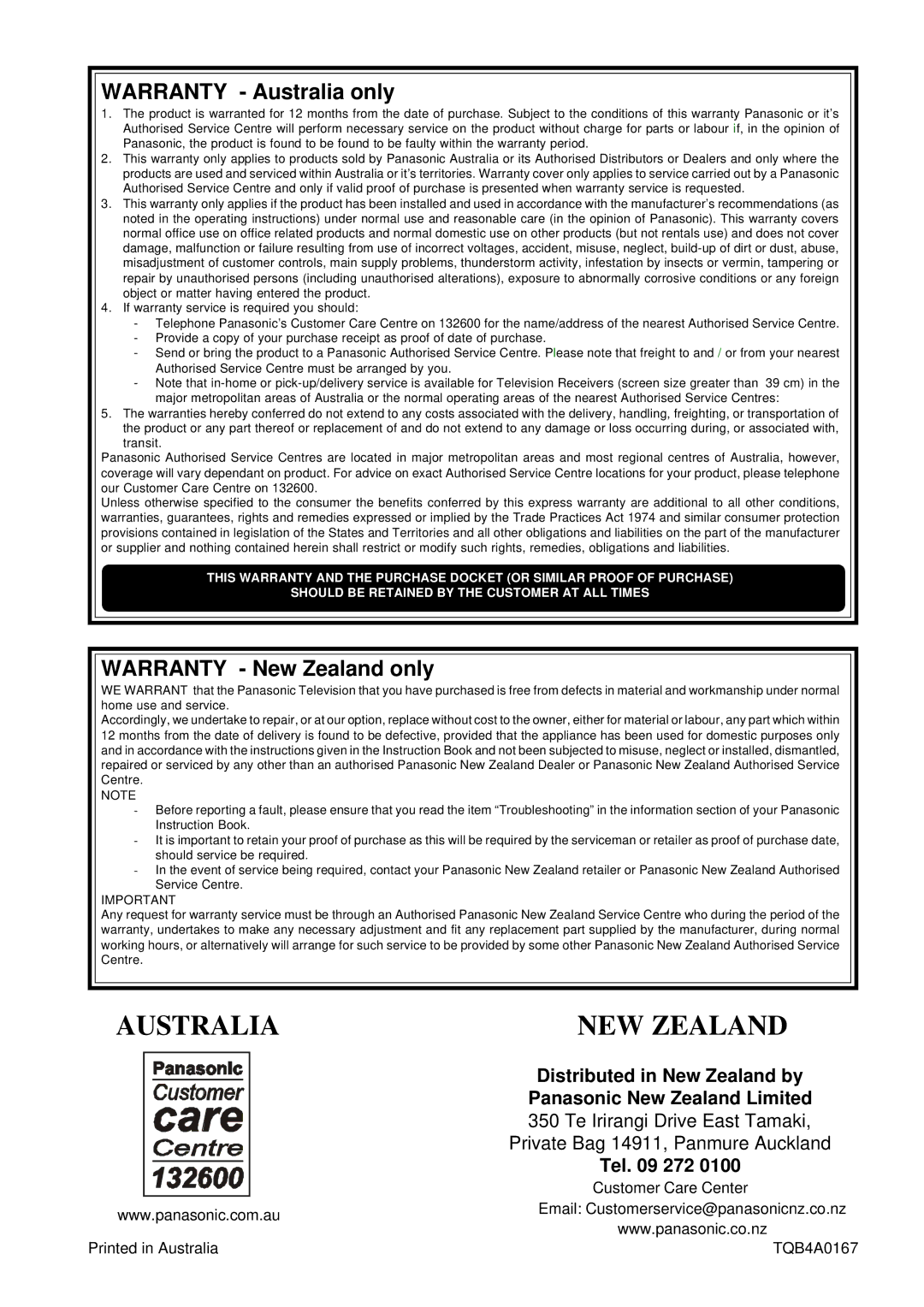 Panasonic TX-76PW300A, TX-86PW300A operating instructions Australia NEW Zealand 