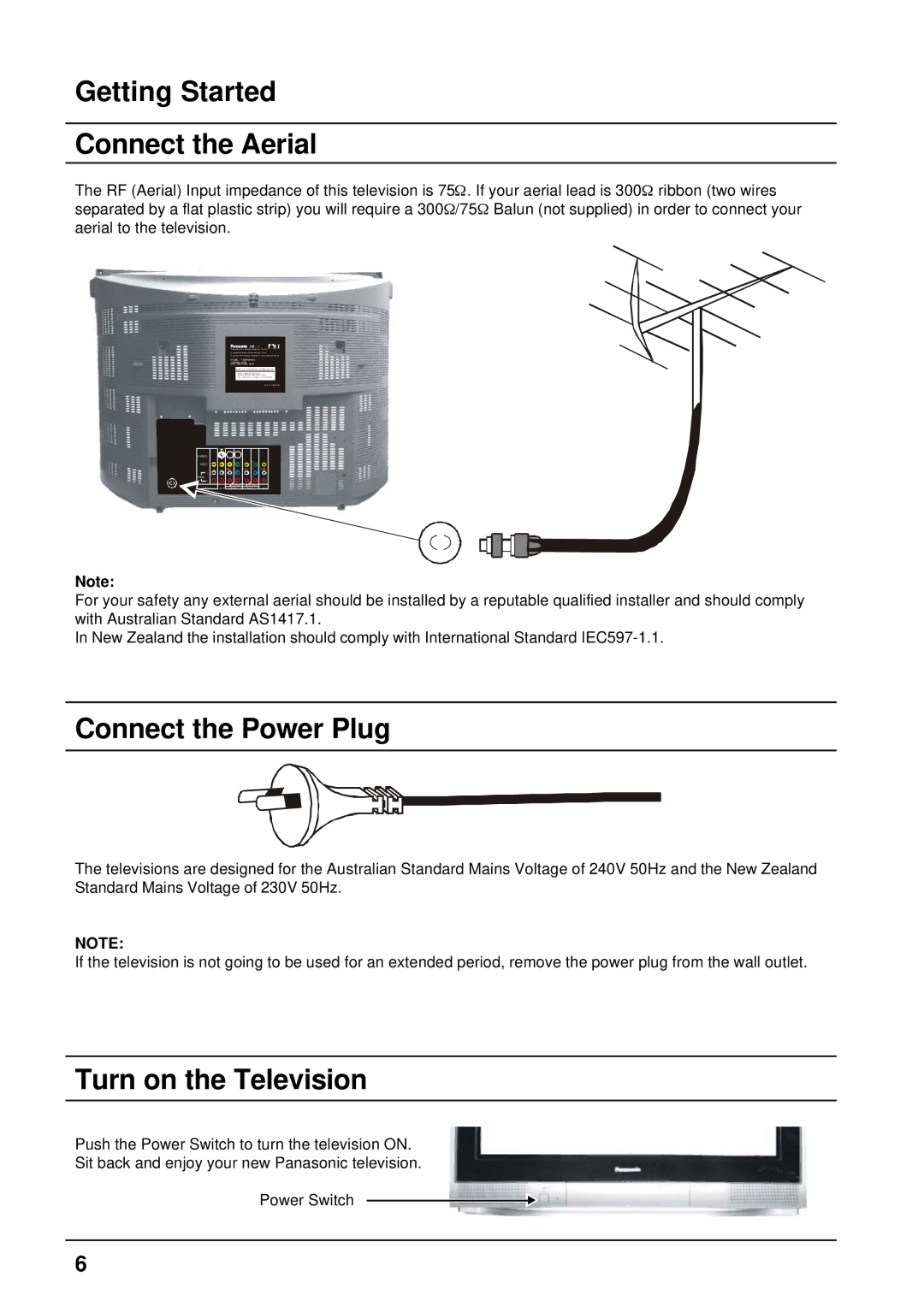 Panasonic TX-76PW300A, TX-86PW300A Getting Started Connect the Aerial, Connect the Power Plug, Turn on the Television 