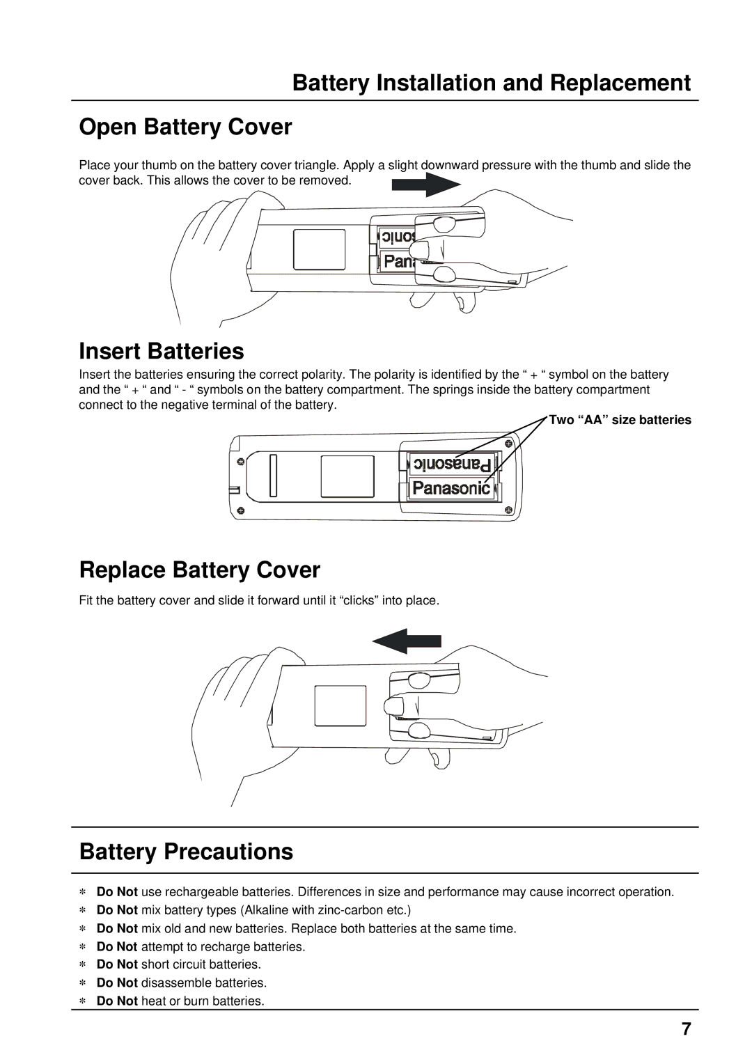 Panasonic TX-86PW300A Battery Installation and Replacement Open Battery Cover, Insert Batteries, Replace Battery Cover 