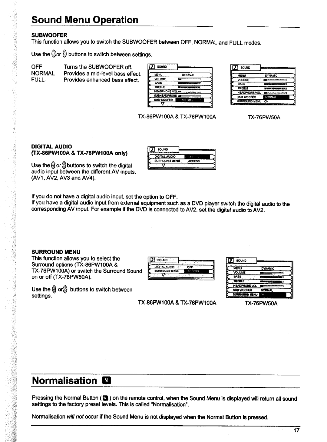 Panasonic TX-86W100A, TX-76W100A, TX-76W50A manual 