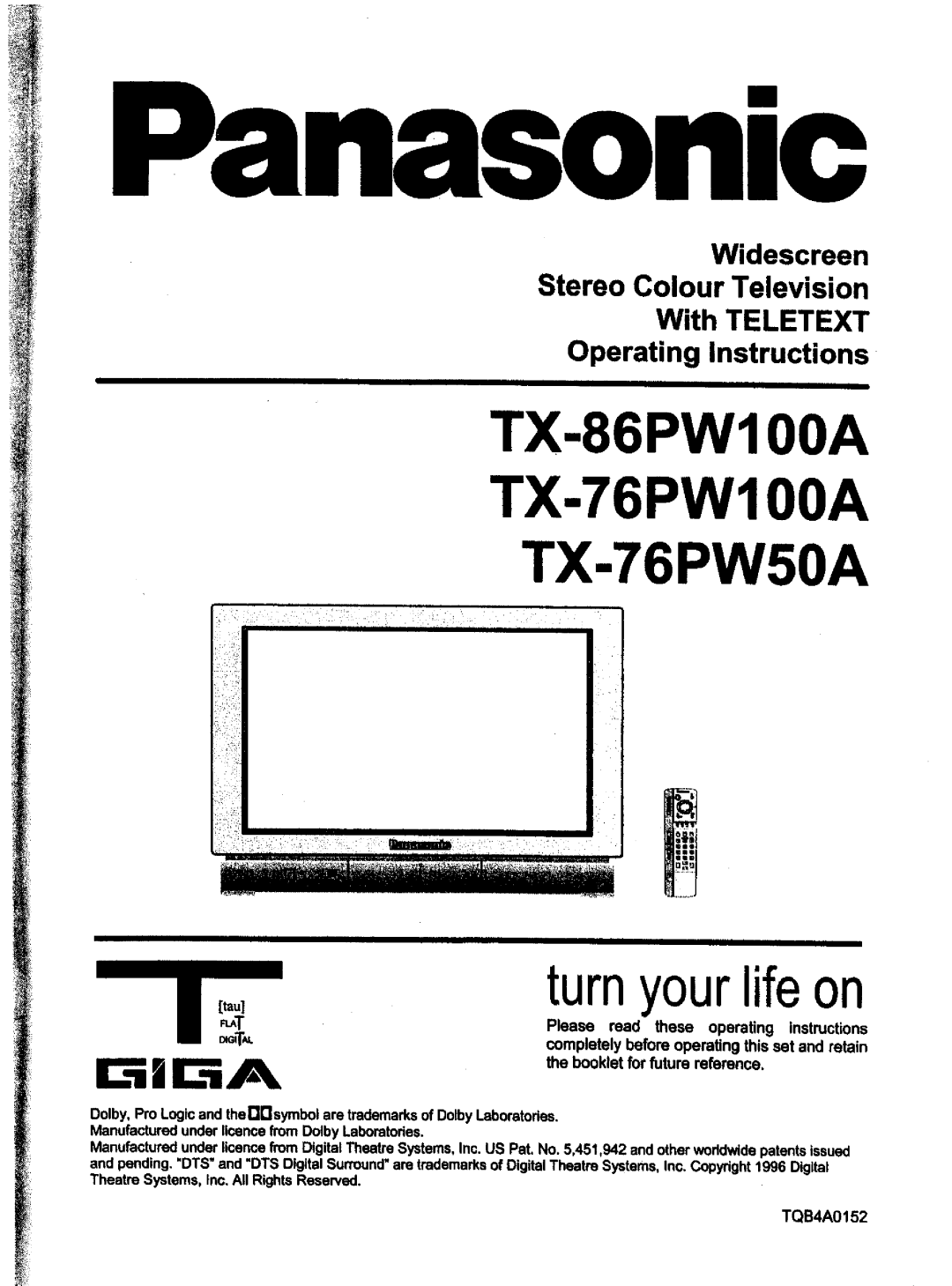 Panasonic TX-76W50A, TX-76W100A, TX-86W100A manual 