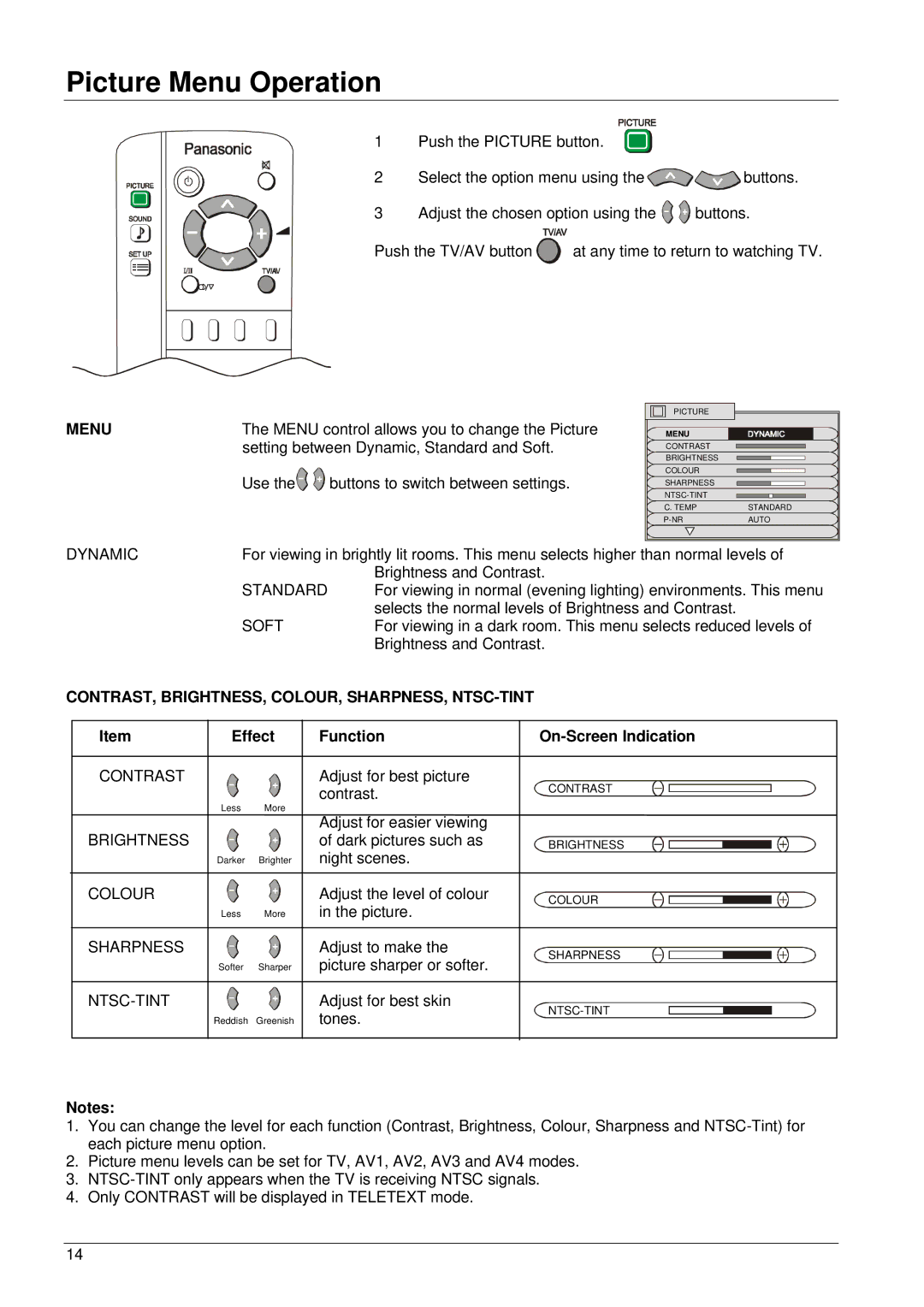 Panasonic TX-76PW100A, TX-86PW100A, TX-76PW50A Picture Menu Operation, Contrast, Brightness, Colour, Sharpness, Ntsc-Tint 