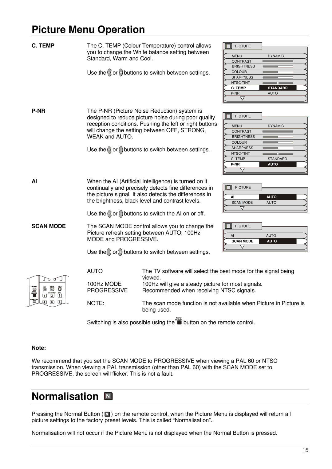 Panasonic TX-86PW100A, TX-76PW50A, TX-76PW100A operating instructions Normalisation, Temp, Scan Mode, Auto, Progressive 