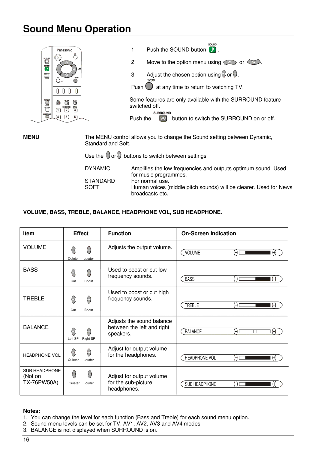 Panasonic TX-76PW50A Sound Menu Operation, VOLUME, BASS, TREBLE, BALANCE, Headphone VOL, SUB Headphone, Volume 