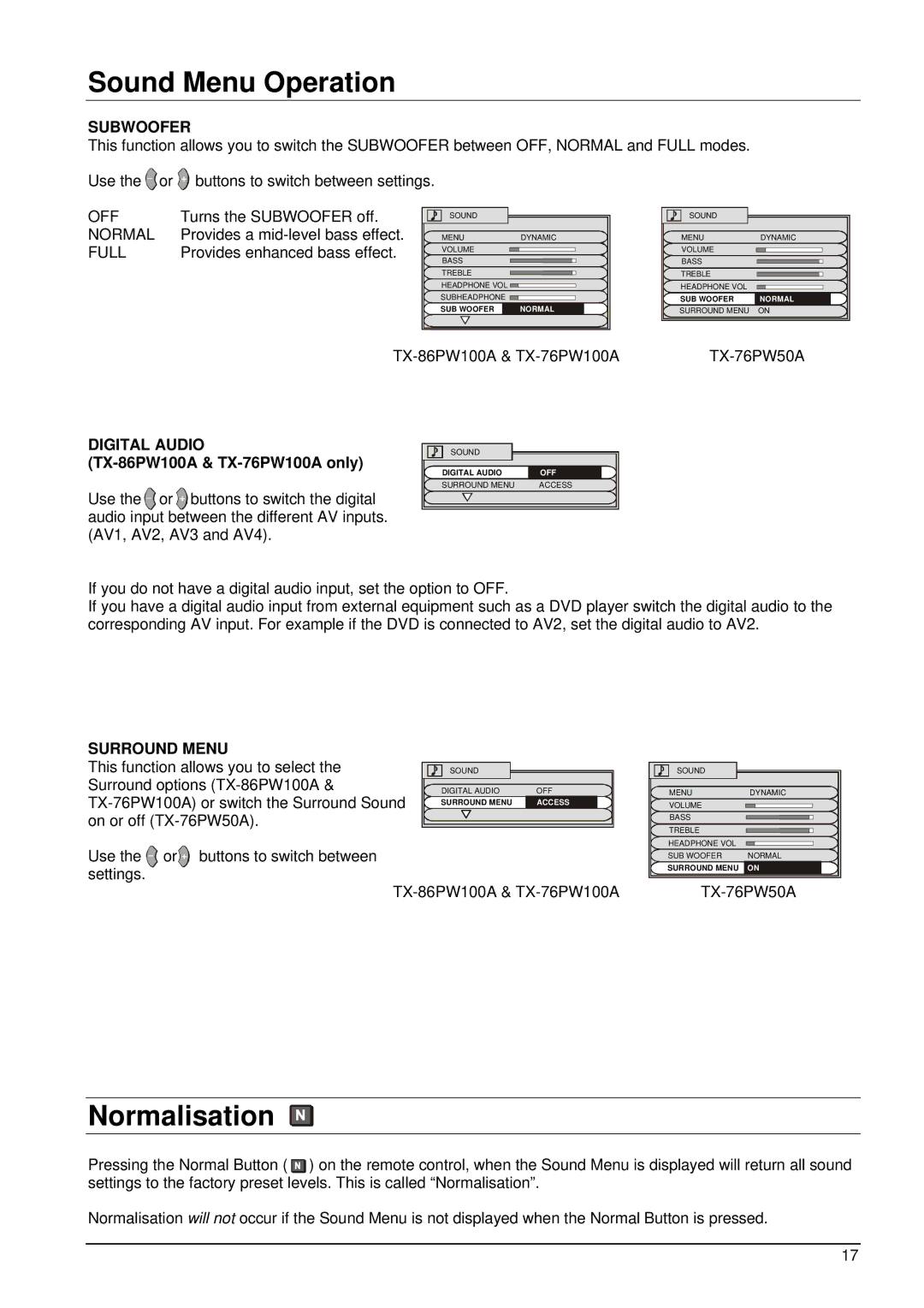 Panasonic TX-76PW50A operating instructions Subwoofer, Digital Audio, TX-86PW100A & TX-76PW100A only, Surround Menu 