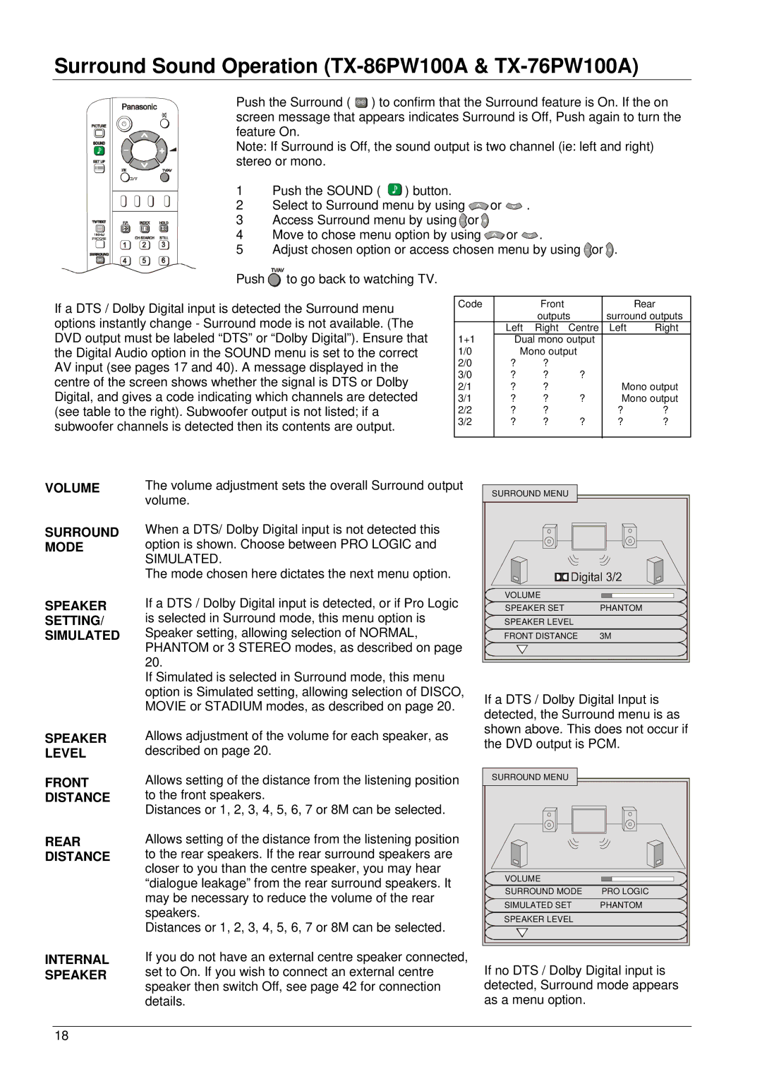 Panasonic TX-76PW50A operating instructions Surround Sound Operation TX-86PW100A & TX-76PW100A, Simulated 