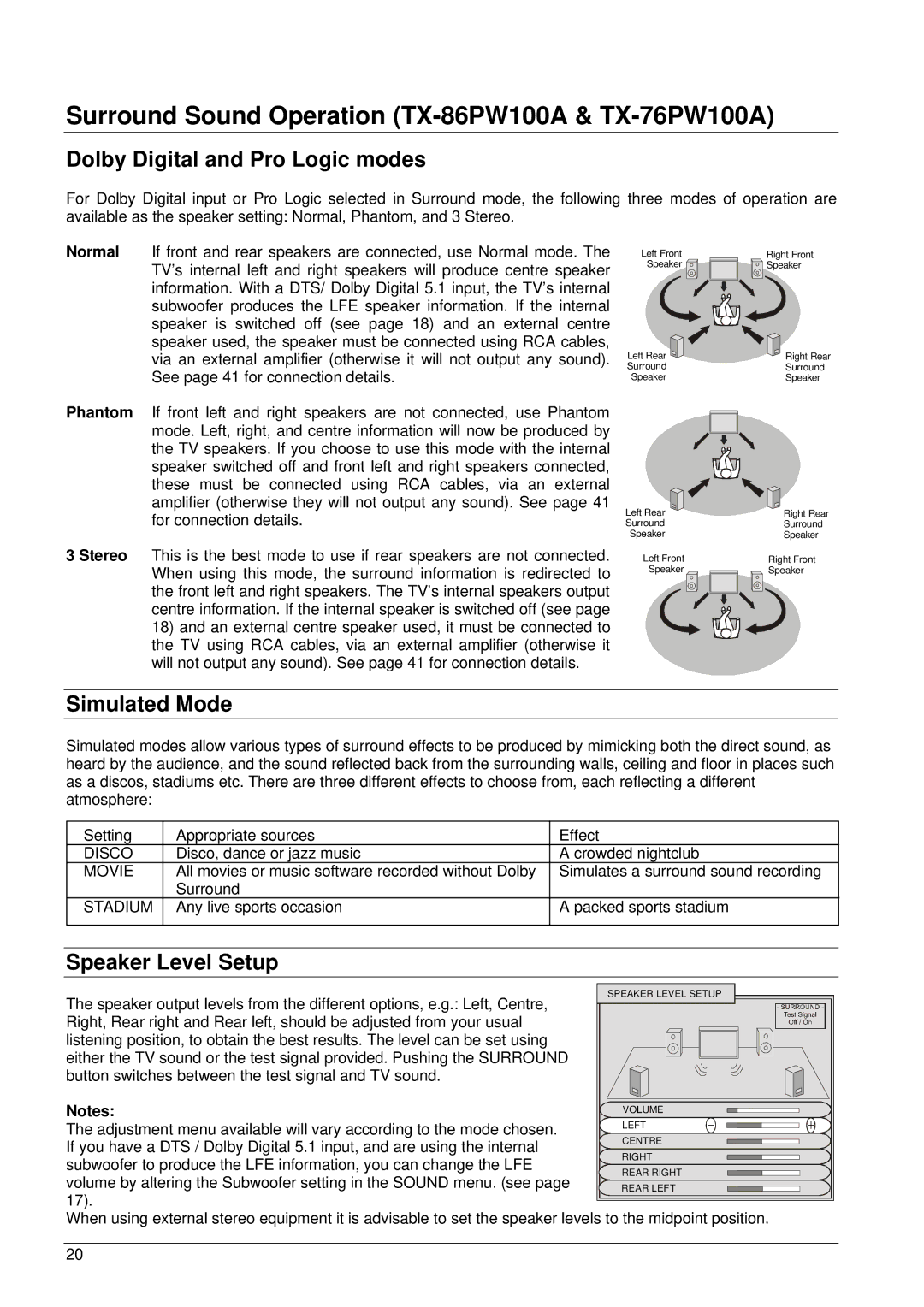 Panasonic TX-76PW100A, TX-86PW100A, TX-76PW50A operating instructions Disco, Movie, Stadium 