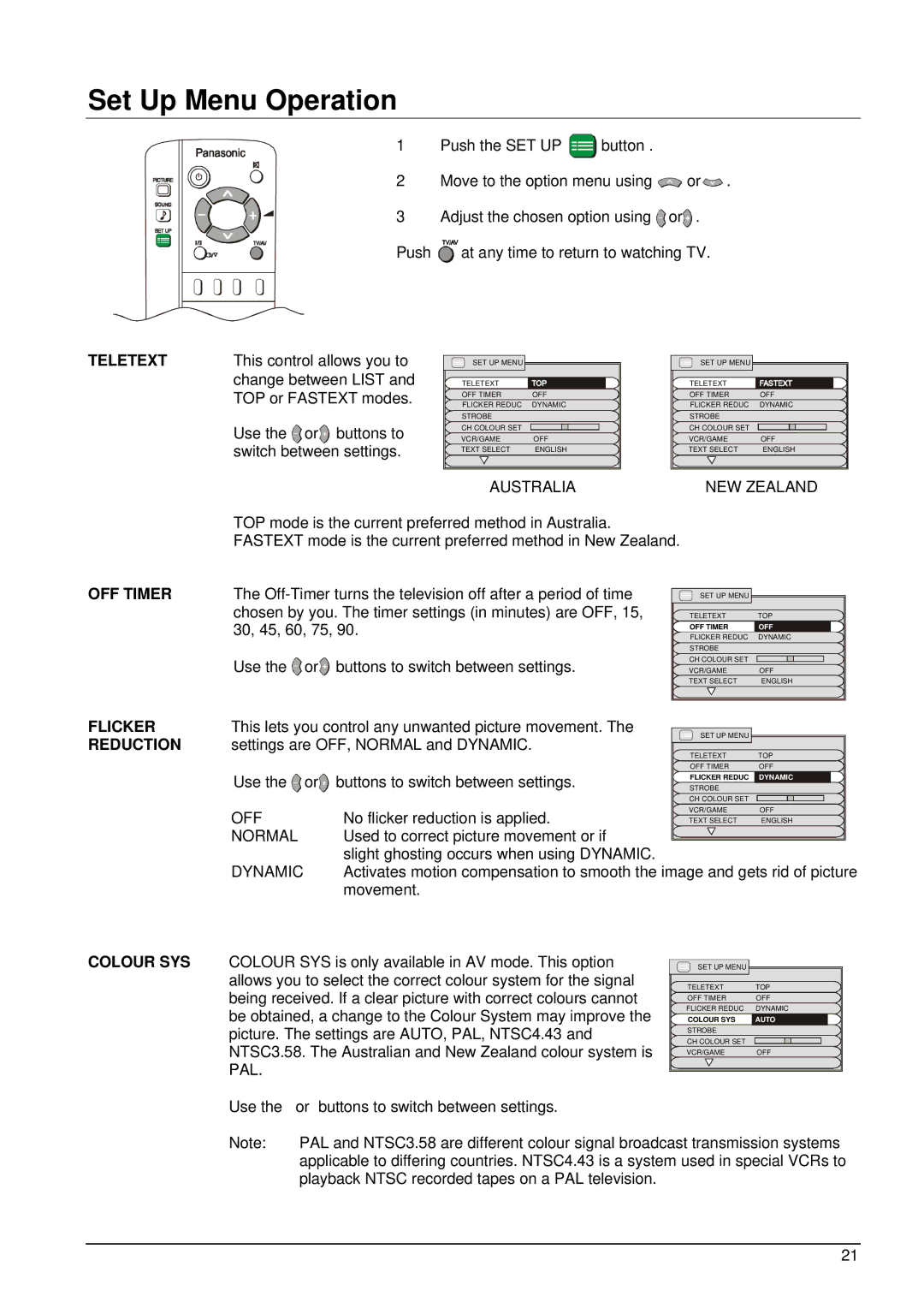 Panasonic TX-86PW100A, TX-76PW50A, TX-76PW100A Set Up Menu Operation, Teletext, OFF Timer, Flicker, Reduction 