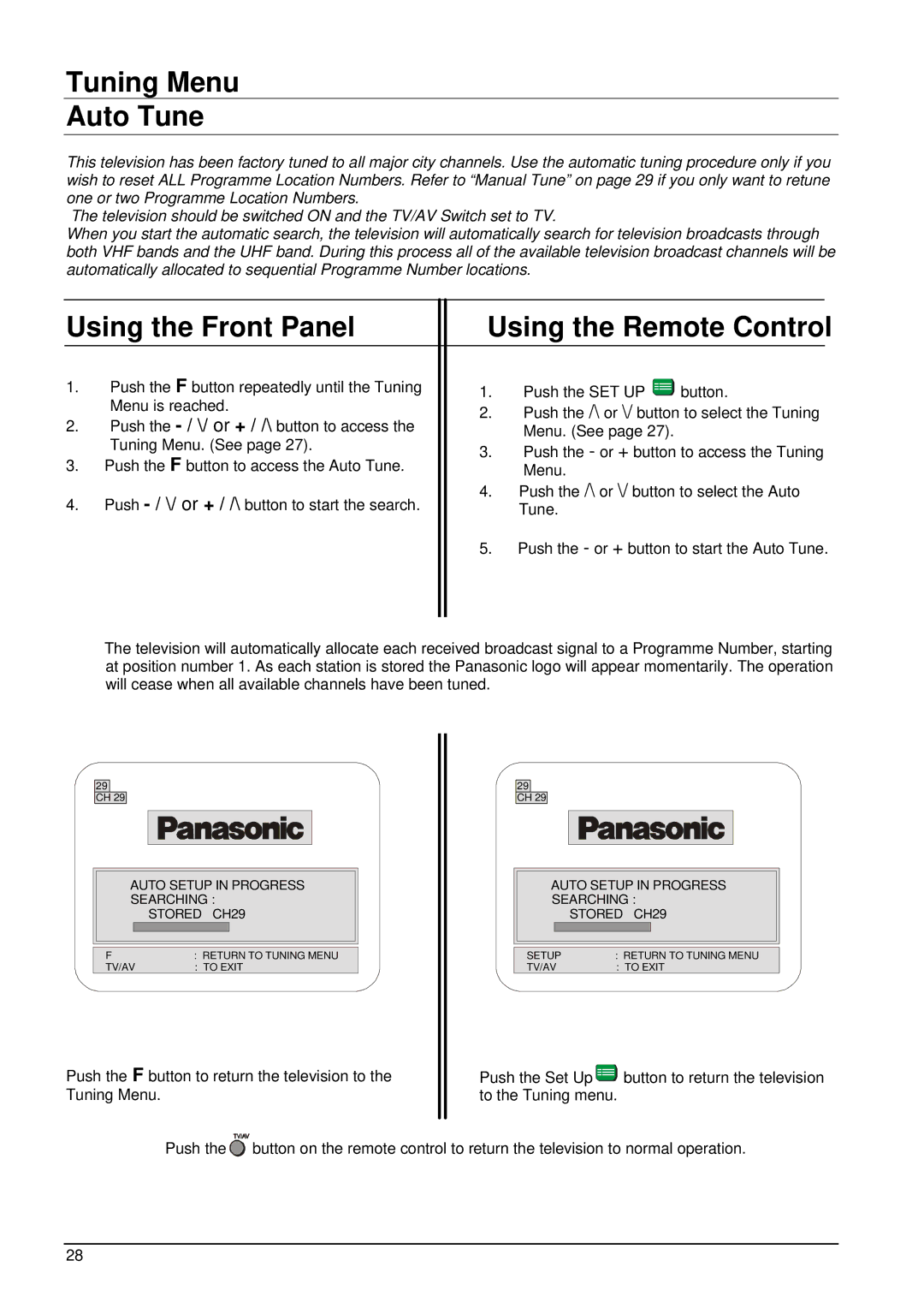 Panasonic TX-76PW50A, TX-86PW100A, TX-76PW100A operating instructions Tuning Menu Auto Tune 