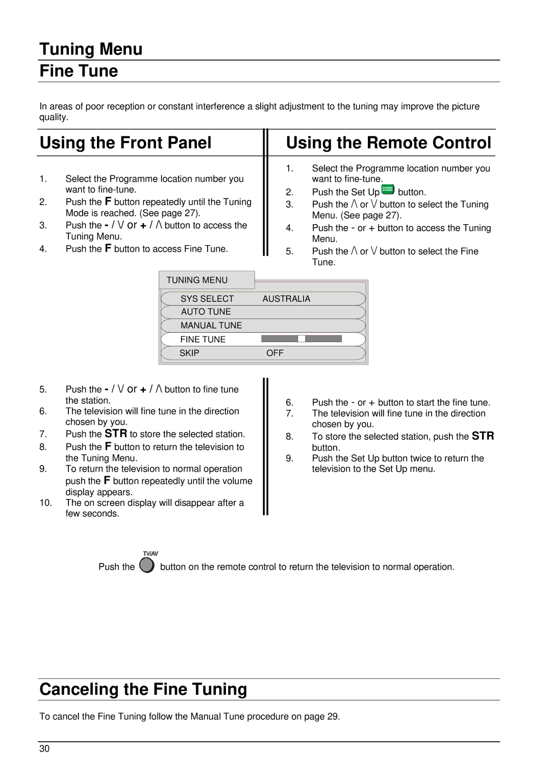 Panasonic TX-86PW100A, TX-76PW50A, TX-76PW100A operating instructions Tuning Menu Fine Tune, Canceling the Fine Tuning 