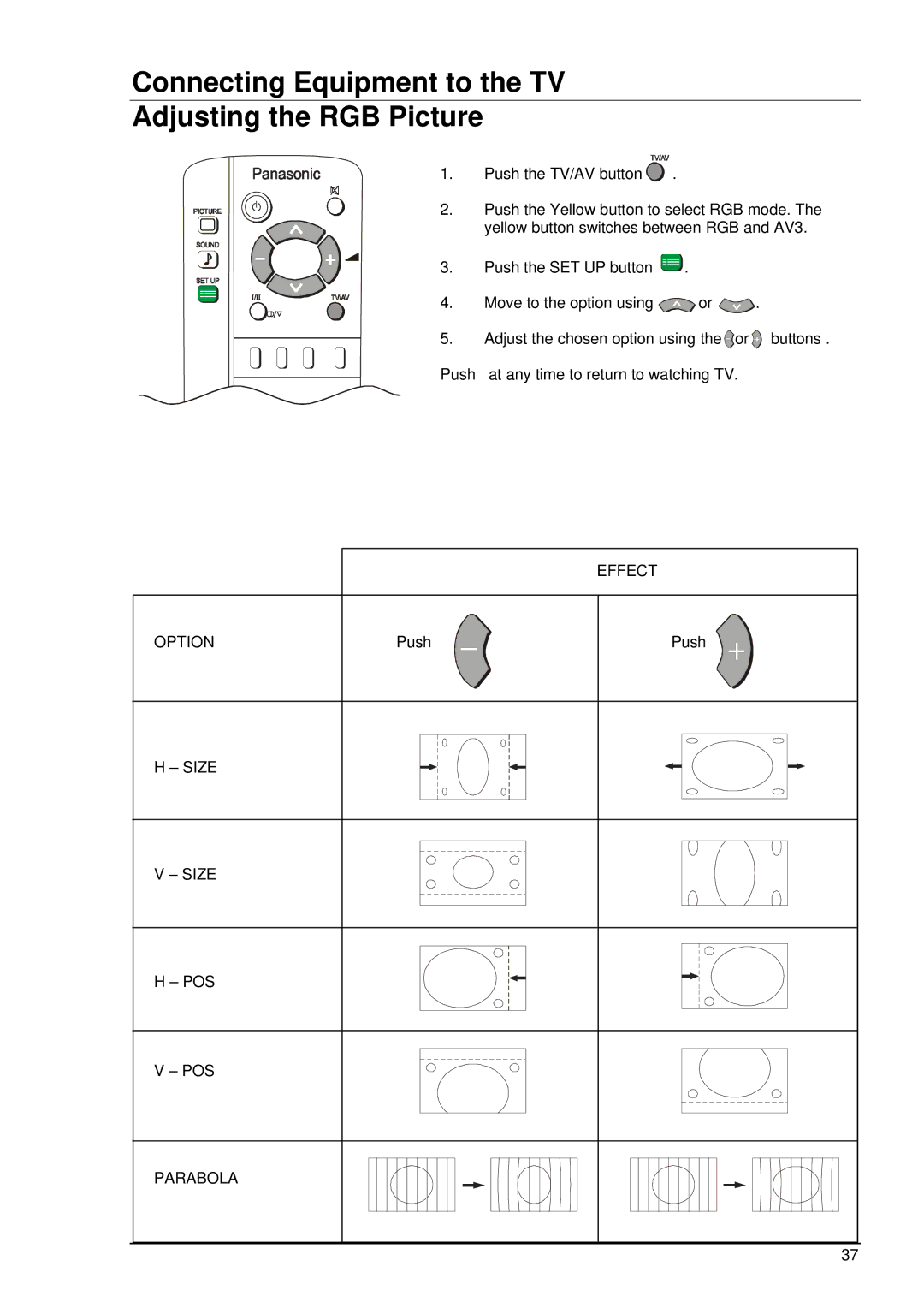 Panasonic TX-76PW50A Connecting Equipment to the TV Adjusting the RGB Picture, Effect, Option, Size POS Parabola 