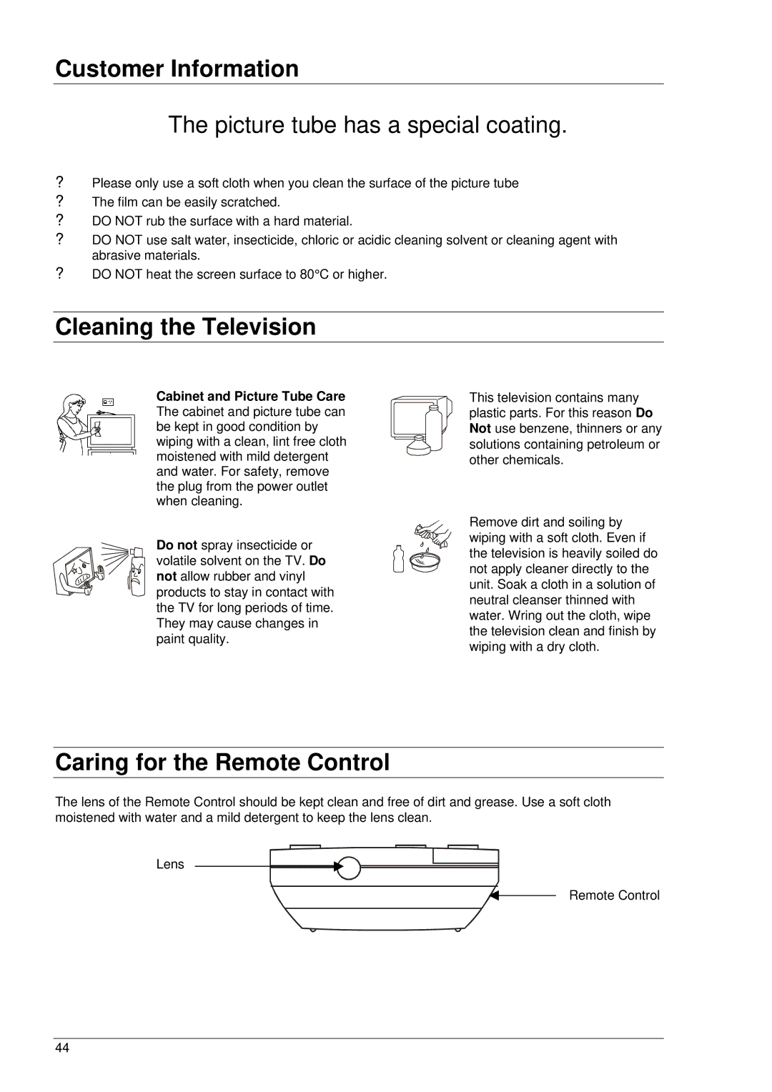 Panasonic TX-76PW100A, TX-86PW100A, TX-76PW50A operating instructions Cleaning the Television, Caring for the Remote Control 