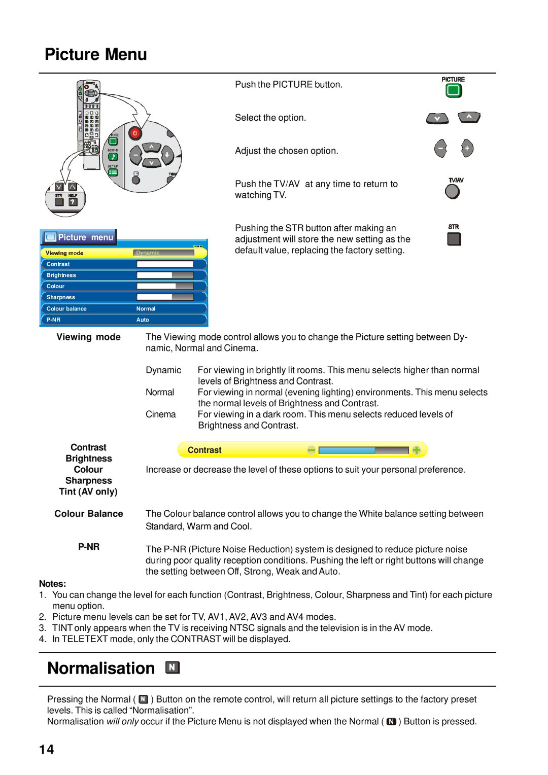 Panasonic TX-76PW155A, TX-86PW155A, TX-76PW60A, TX-66PW60A instruction manual Picture Menu, Normalisation N, Contrast 