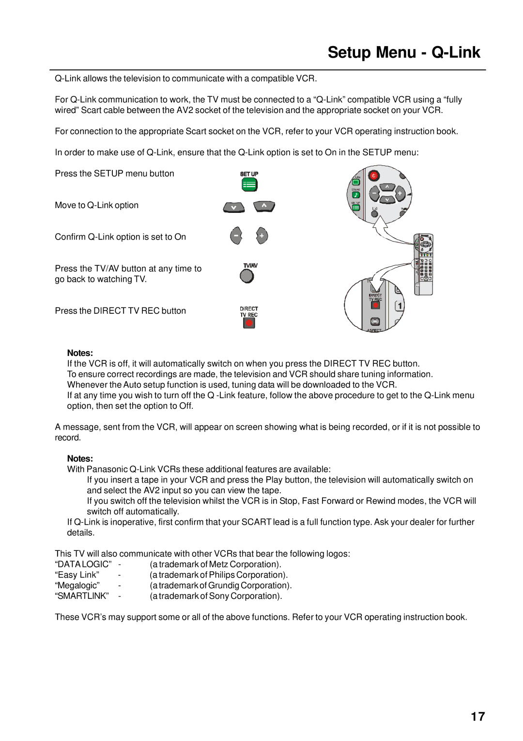 Panasonic TX-76PW60A, TX-86PW155A, TX-76PW155A, TX-66PW60A instruction manual Setup Menu Q-Link, Data Logic, Smartlink 