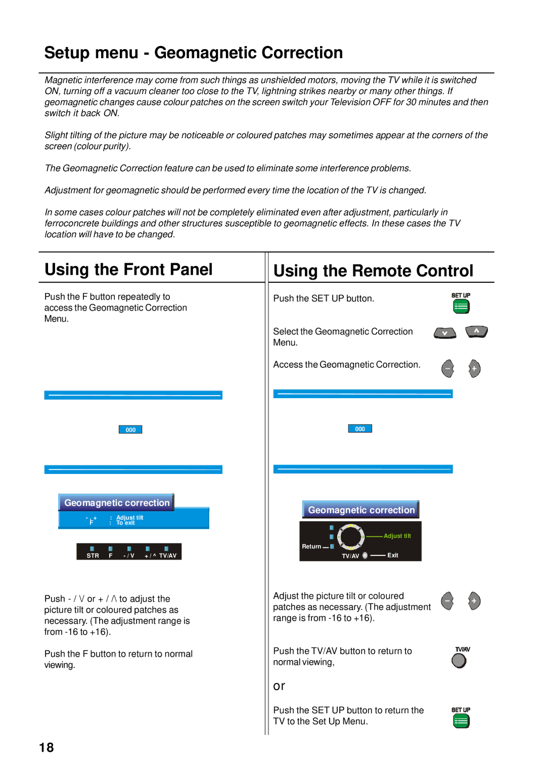 Panasonic TX-76PW155A, TX-86PW155A Setup menu Geomagnetic Correction, Using the Front Panel, Using the Remote Control 