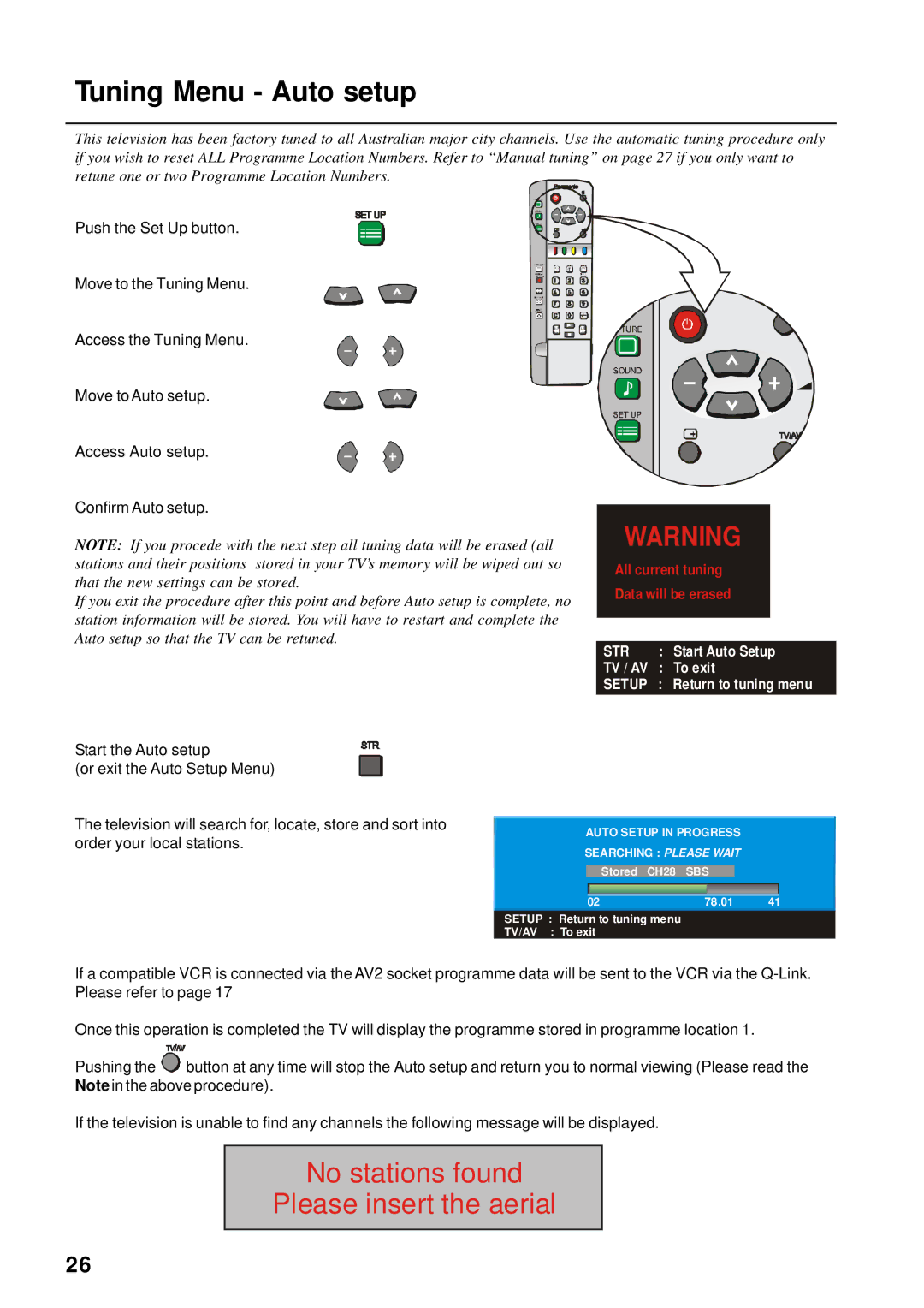 Panasonic TX-76PW155A, TX-86PW155A, TX-76PW60A, TX-66PW60A instruction manual Tuning Menu Auto setup 