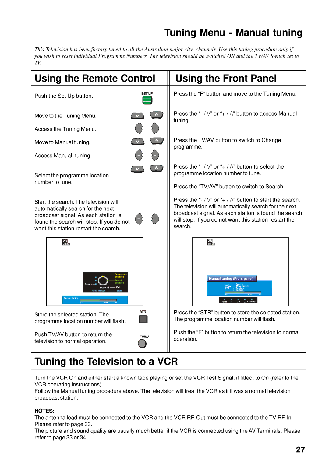 Panasonic TX-66PW60A, TX-86PW155A, TX-76PW60A, TX-76PW155A Tuning Menu Manual tuning, Tuning the Television to a VCR 