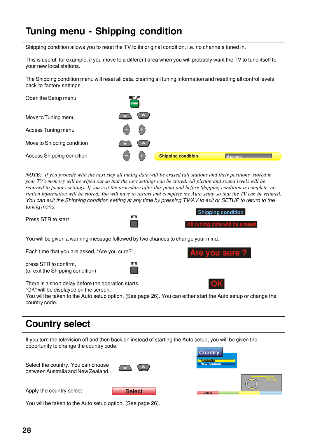 Panasonic TX-86PW155A, TX-76PW60A, TX-76PW155A, TX-66PW60A instruction manual Tuning menu Shipping condition, Country select 