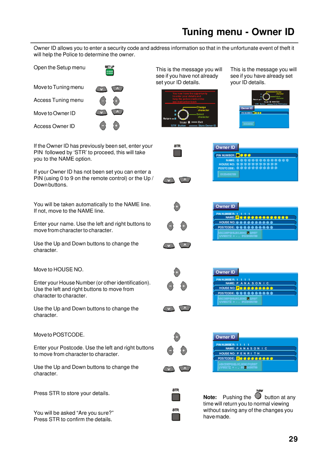 Panasonic TX-76PW60A, TX-86PW155A, TX-76PW155A, TX-66PW60A instruction manual Tuning menu Owner ID 