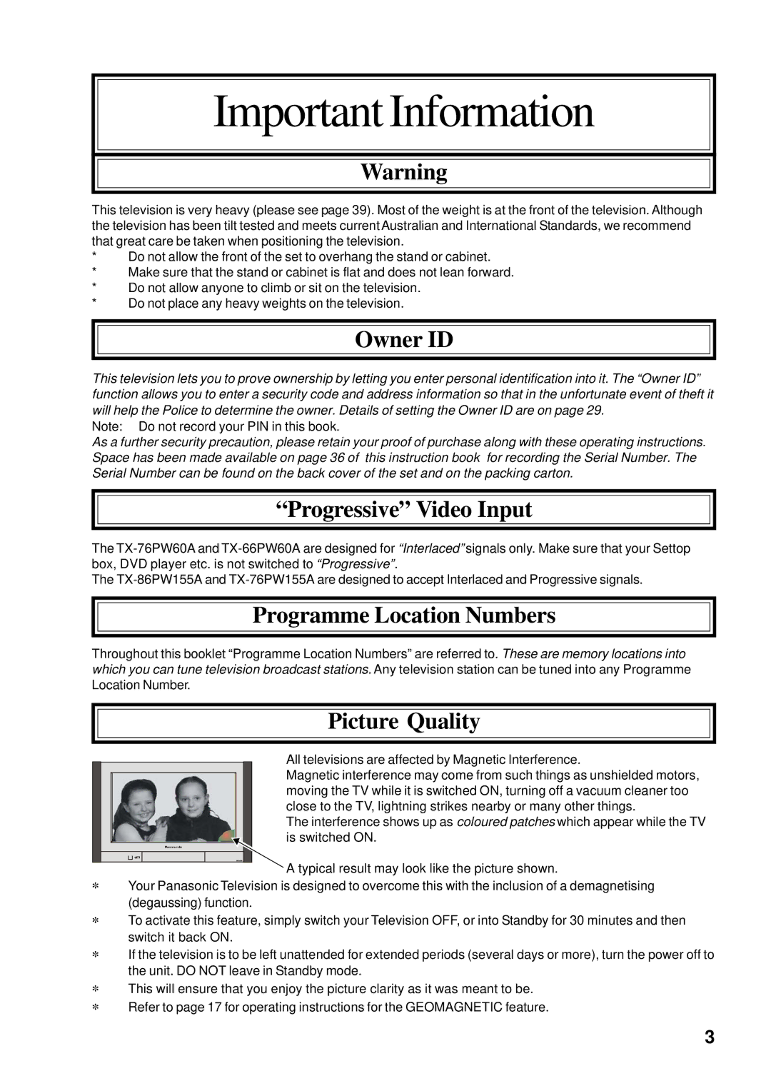 Panasonic TX-66PW60A, TX-86PW155A, TX-76PW60A, TX-76PW155A instruction manual Important Information 