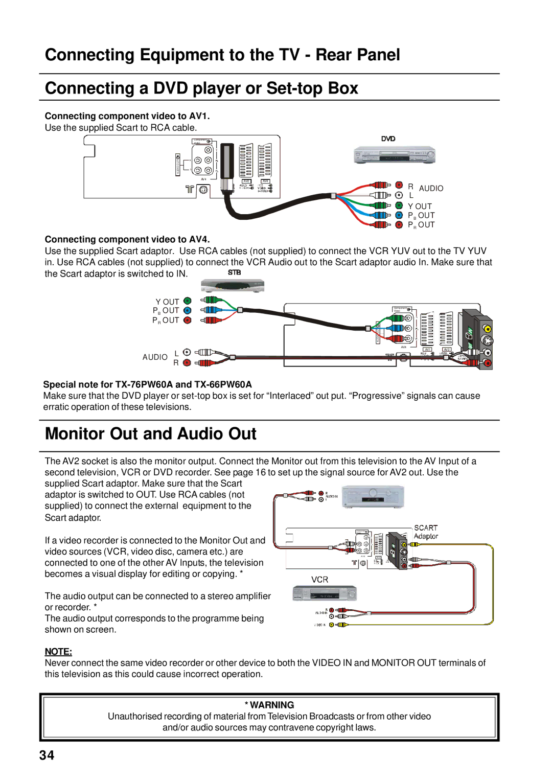 Panasonic TX-76PW155A Monitor Out and Audio Out, Connecting component video to AV1, Connecting component video to AV4 