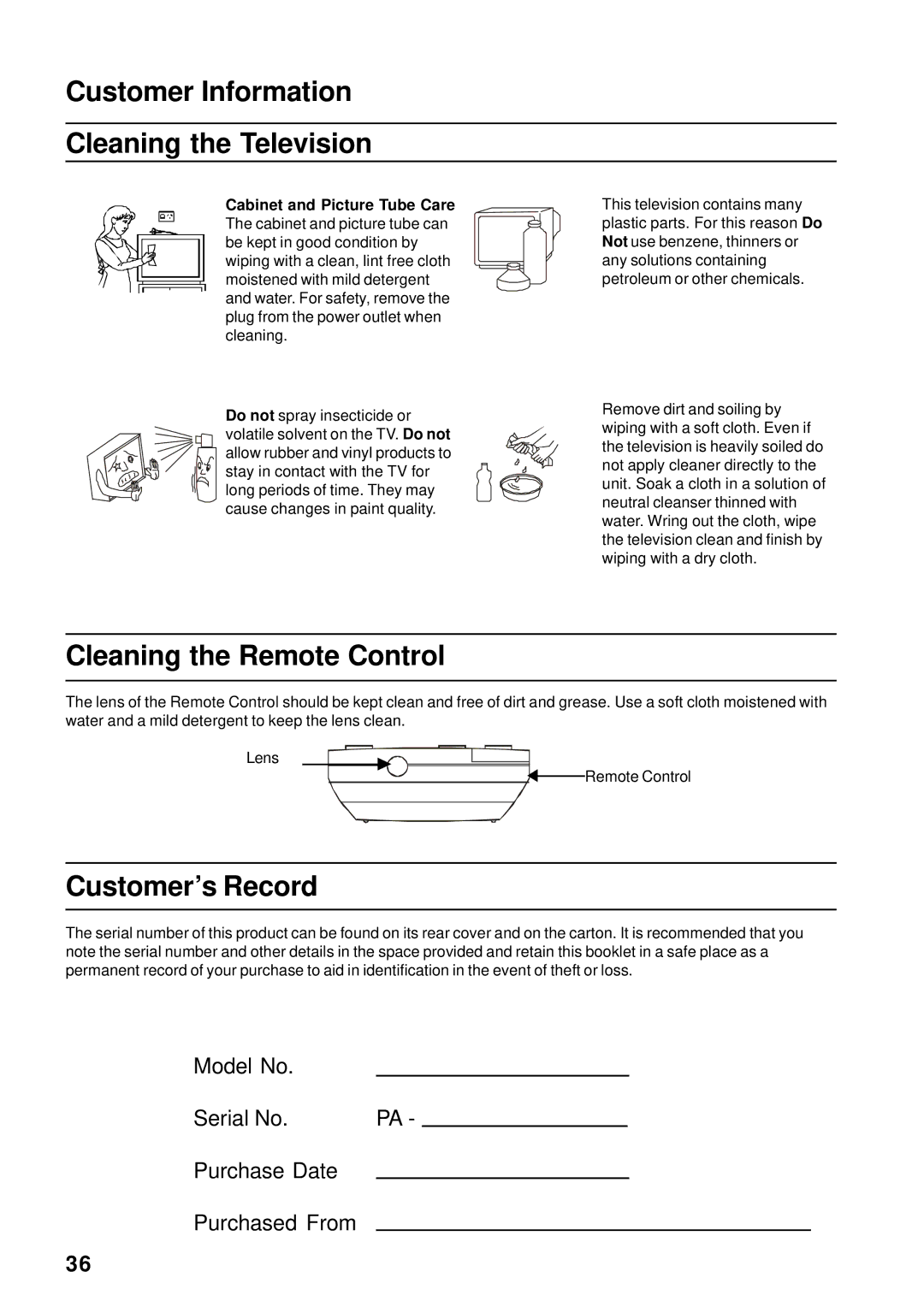 Panasonic TX-86PW155A Customer Information Cleaning the Television, Cleaning the Remote Control, Customer’s Record 