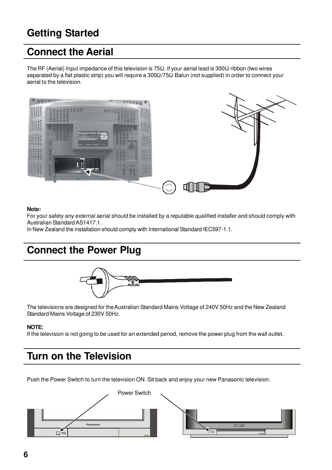 Panasonic TX-76PW155A, TX-86PW155A Getting Started Connect the Aerial, Connect the Power Plug, Turn on the Television 