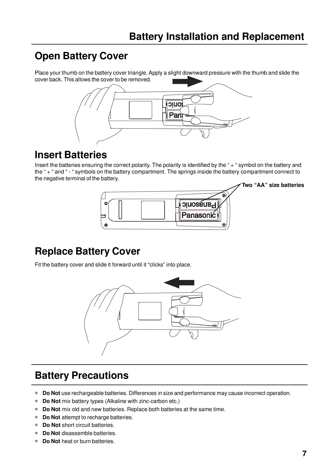 Panasonic TX-66PW60A Battery Installation and Replacement Open Battery Cover, Insert Batteries, Replace Battery Cover 