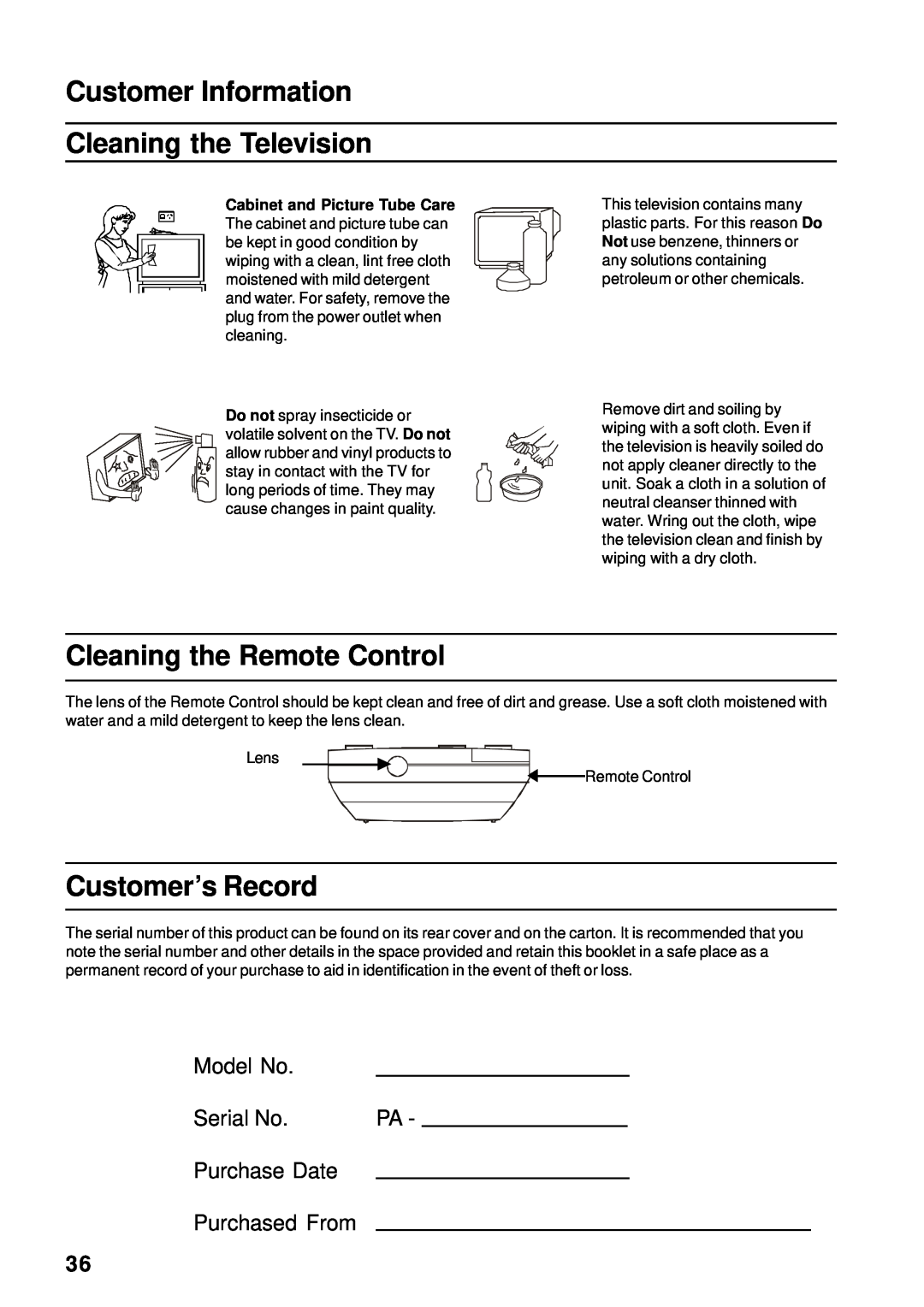 Panasonic TX-86PW155A Customer Information Cleaning the Television, Cleaning the Remote Control, Customer’s Record 