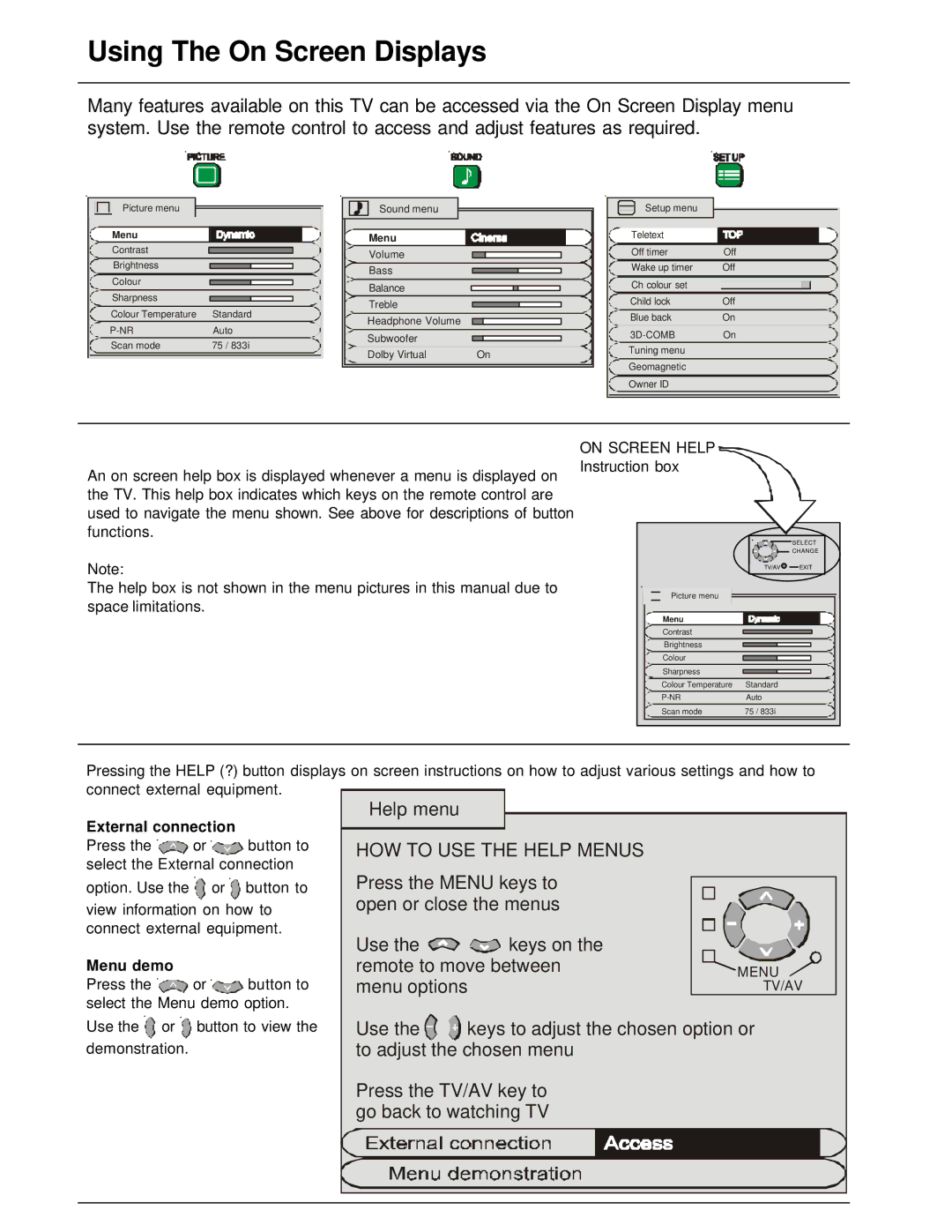 Panasonic TX-86PW200A manual Using The On Screen Displays, On Screen Help, External connection, Menu demo 