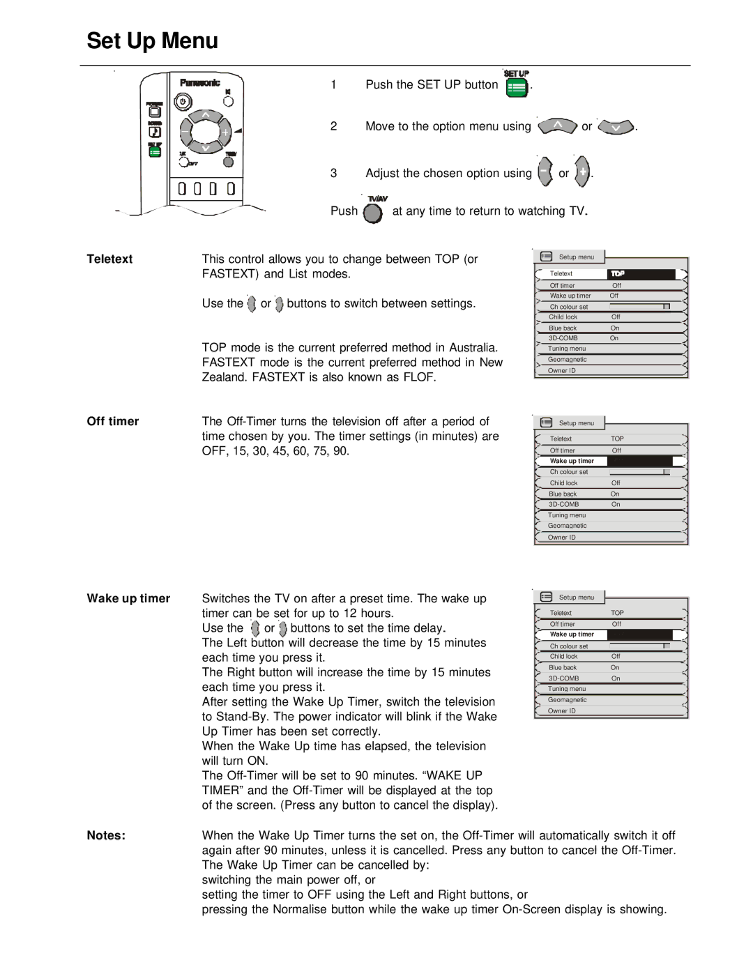 Panasonic TX-86PW200A manual Set Up Menu, Teletext, Off timer 