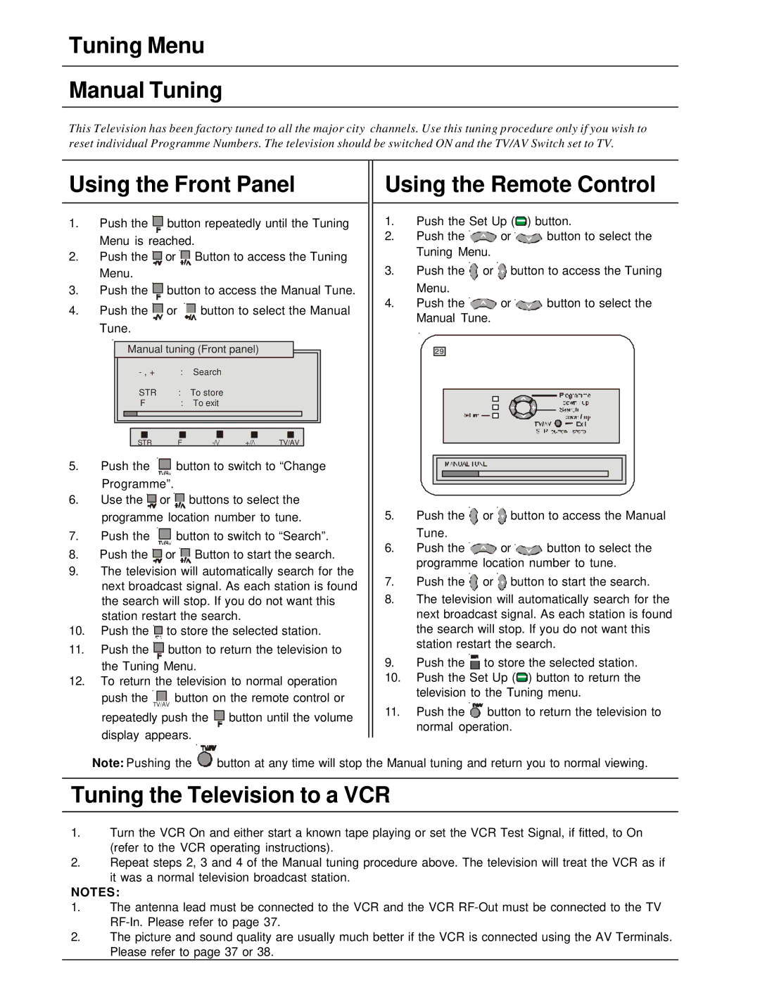 Panasonic TX-86PW200A manual Tuning Menu Manual Tuning, Tuning the Television to a VCR 