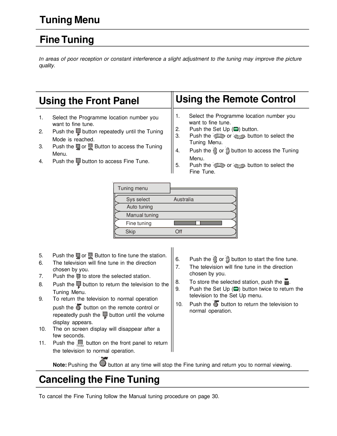 Panasonic TX-86PW200A manual Tuning Menu Fine Tuning, Canceling the Fine Tuning 