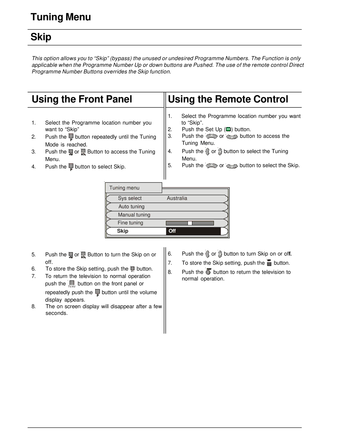 Panasonic TX-86PW200A manual Tuning Menu Skip 