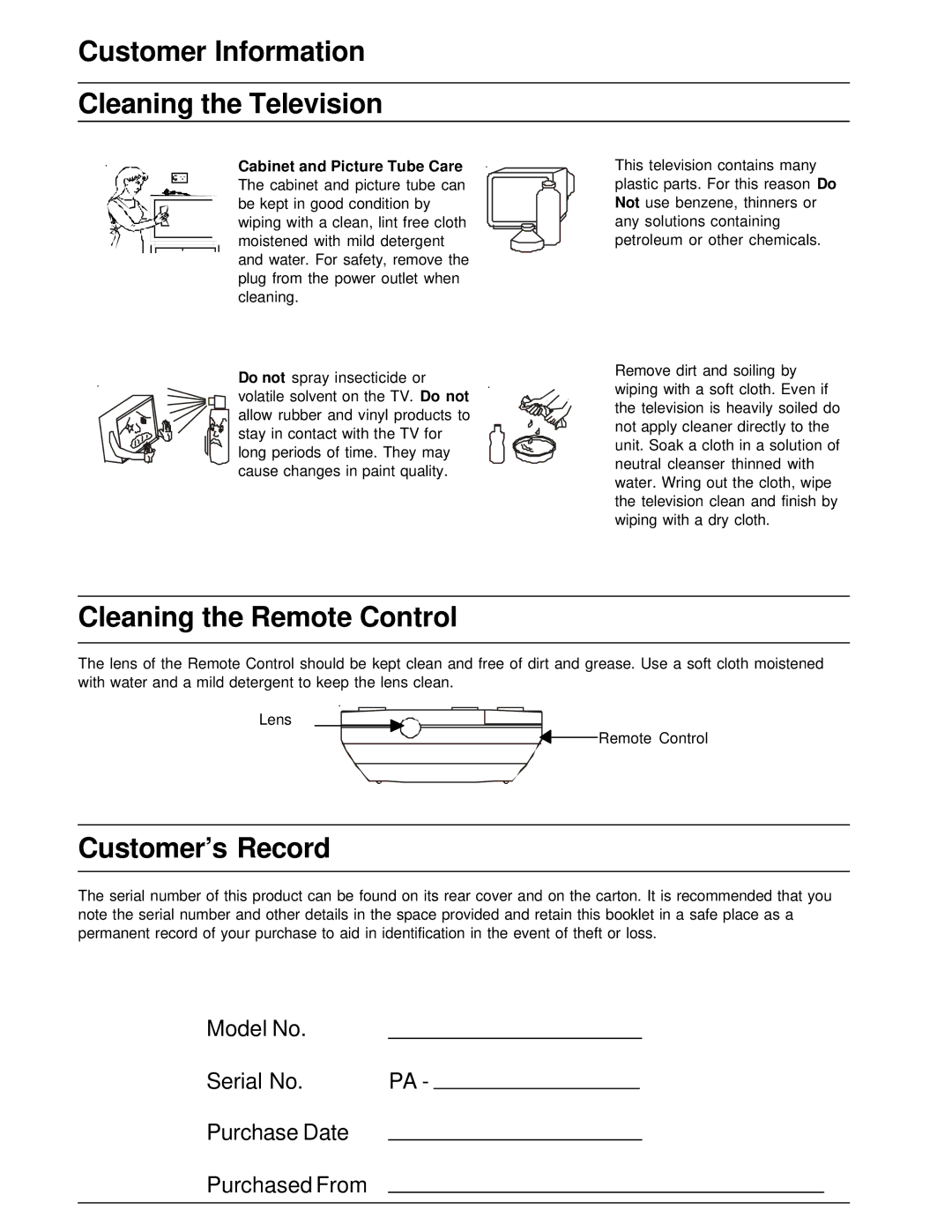 Panasonic TX-86PW200A manual Customer Information Cleaning the Television, Cleaning the Remote Control, Customer’s Record 