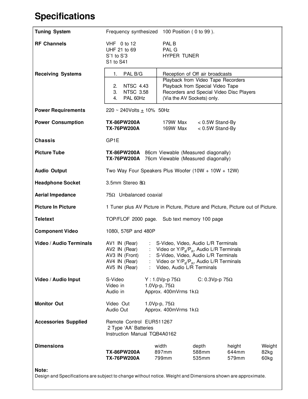 Panasonic TX-86PW200A manual Specifications, TX-76PW200A 