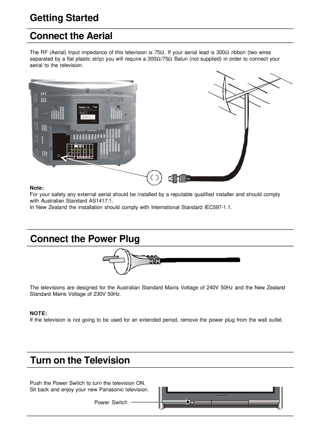 Panasonic TX-86PW200A manual Getting Started Connect the Aerial, Connect the Power Plug, Turn on the Television 