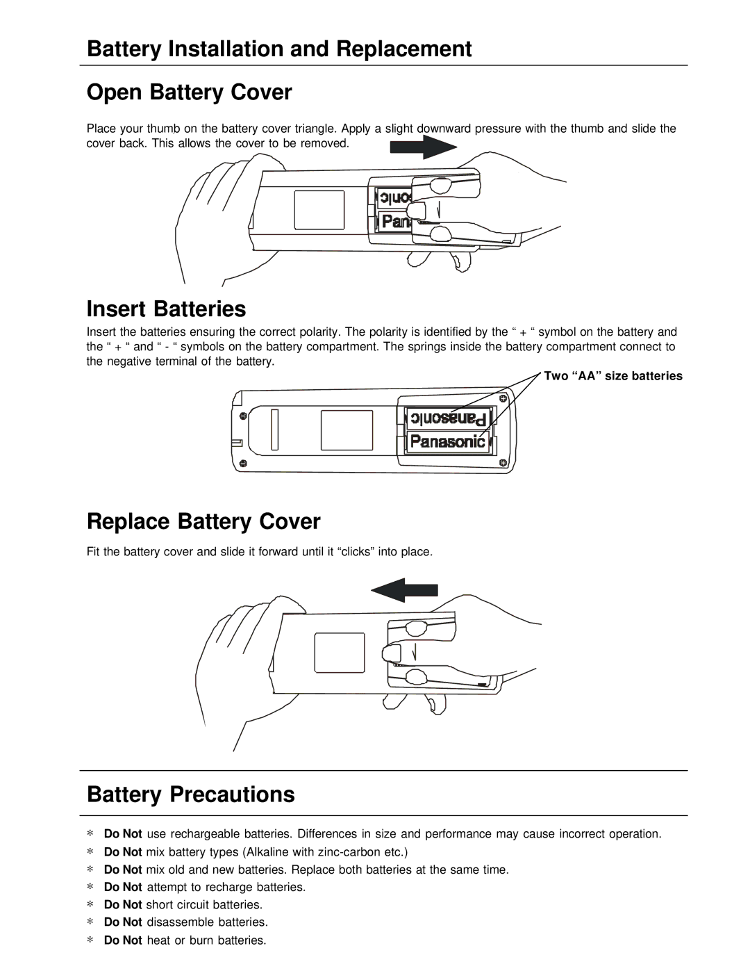 Panasonic TX-86PW200A Battery Installation and Replacement Open Battery Cover, Insert Batteries, Replace Battery Cover 