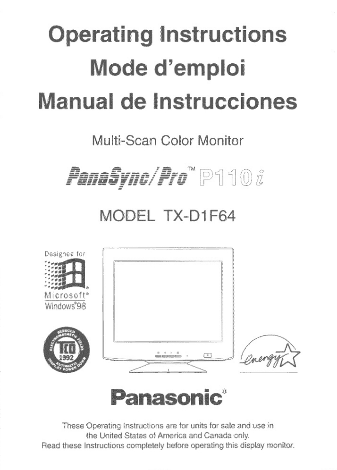 Panasonic TX-D1F64 manual 