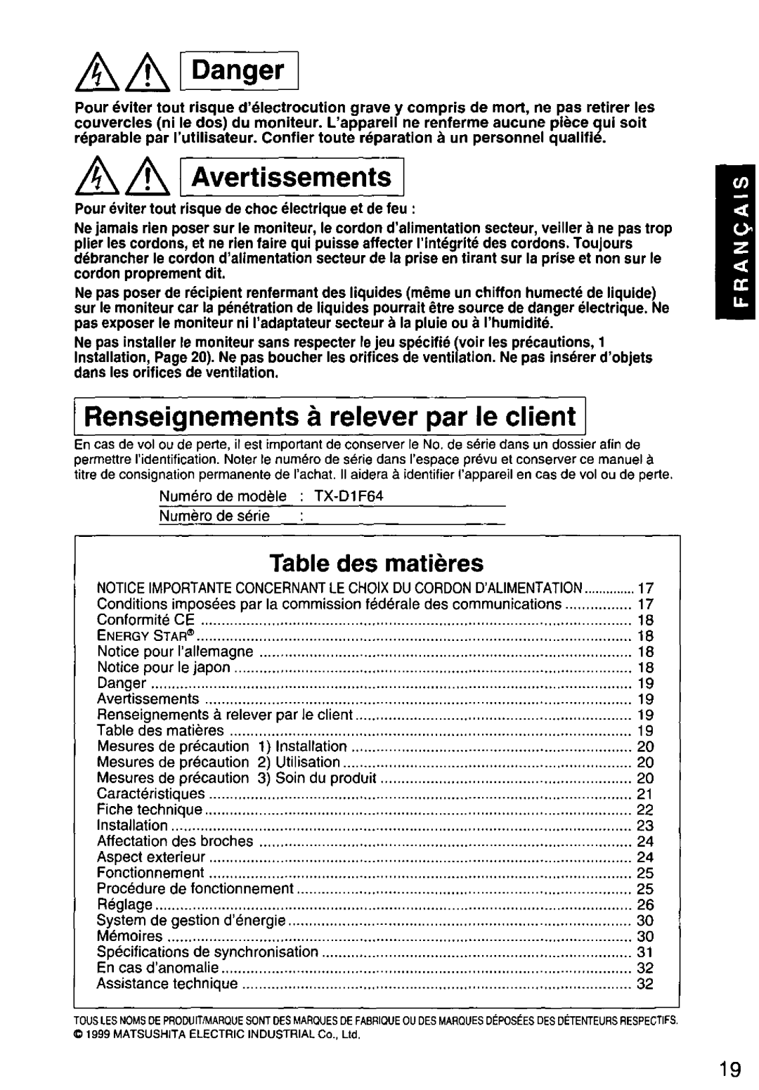 Panasonic TX-D1F64 manual 