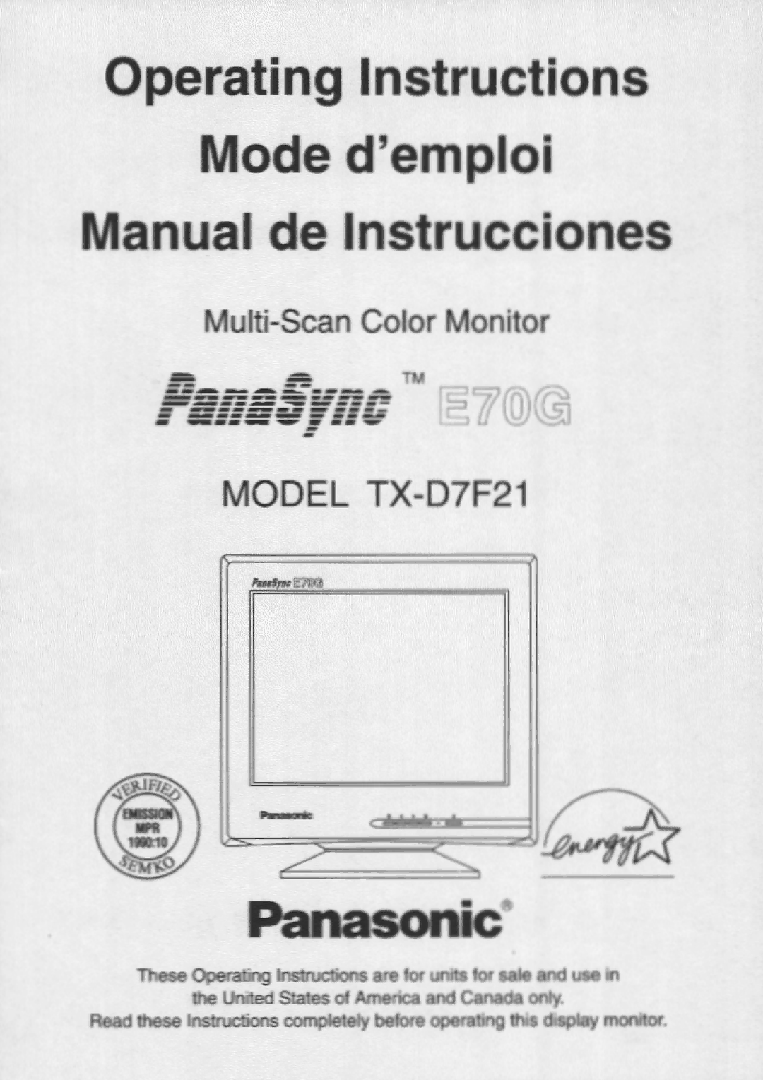 Panasonic TX-D7F21 manual 