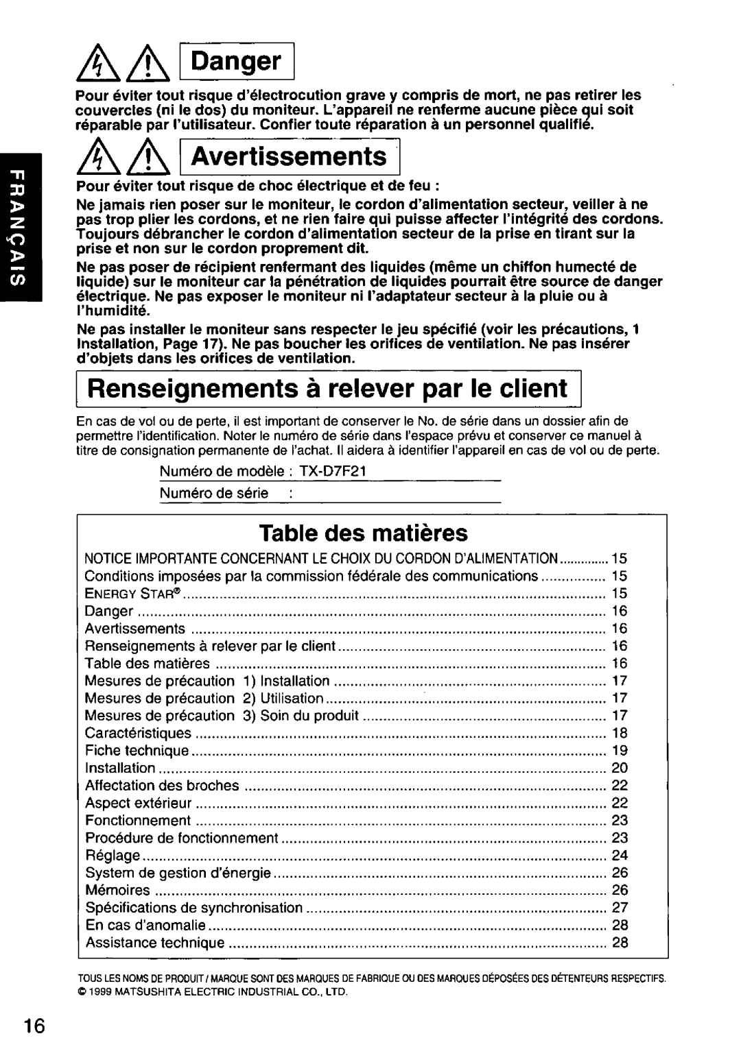 Panasonic TX-D7F21 manual 