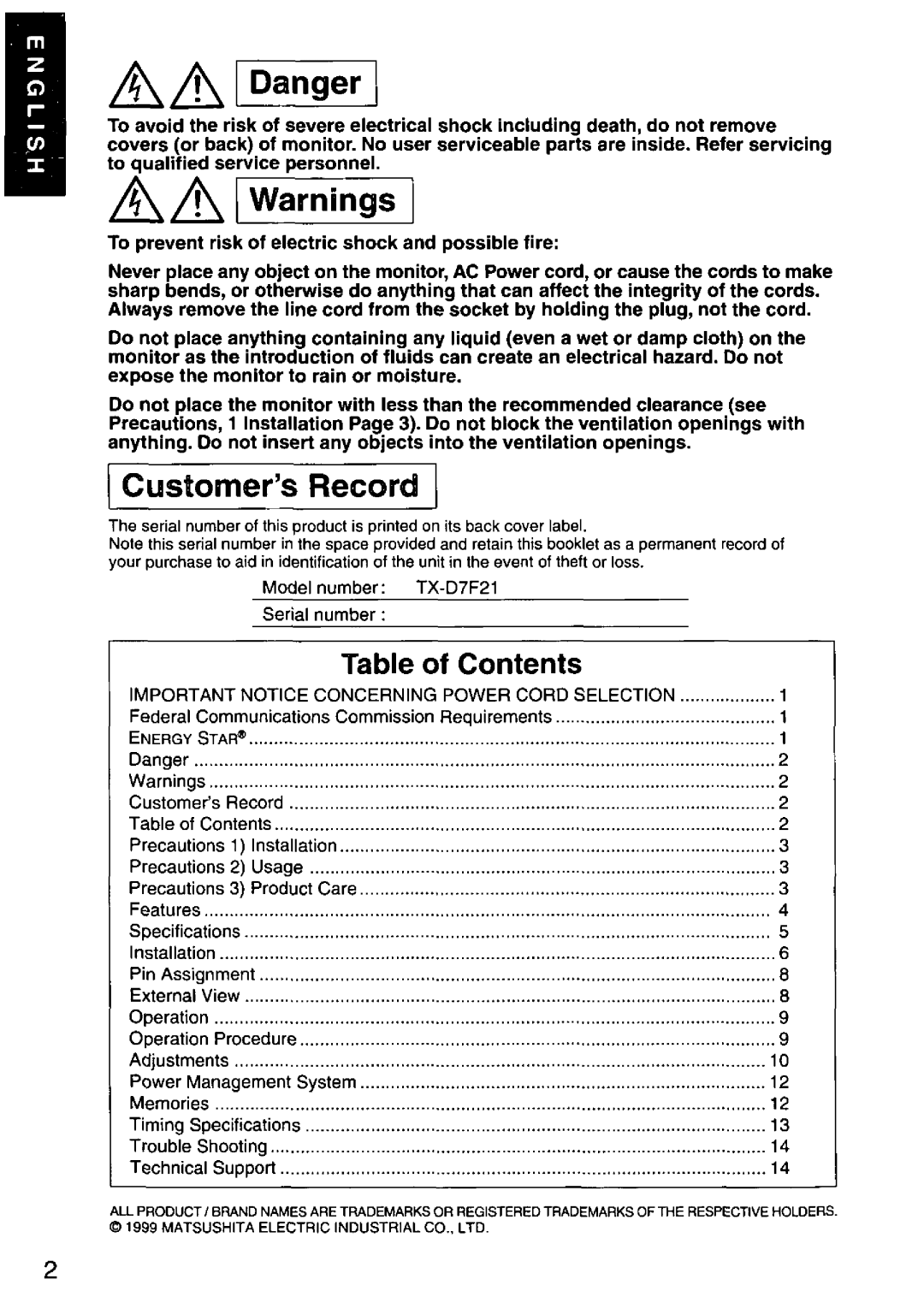 Panasonic TX-D7F21 manual 