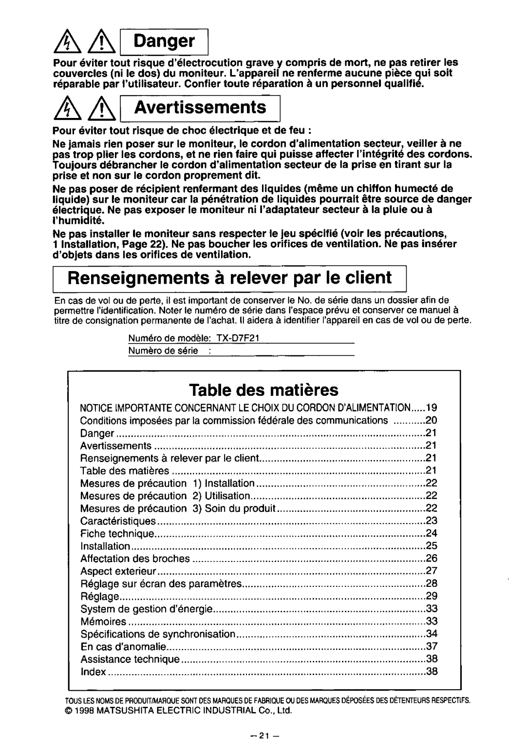 Panasonic TX-D7F21 manual 